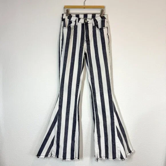 Saints and Hearts High Rise Flare Jeans Hippie Bell Bottom Retro Stripe Medium - Picture 2 of 13